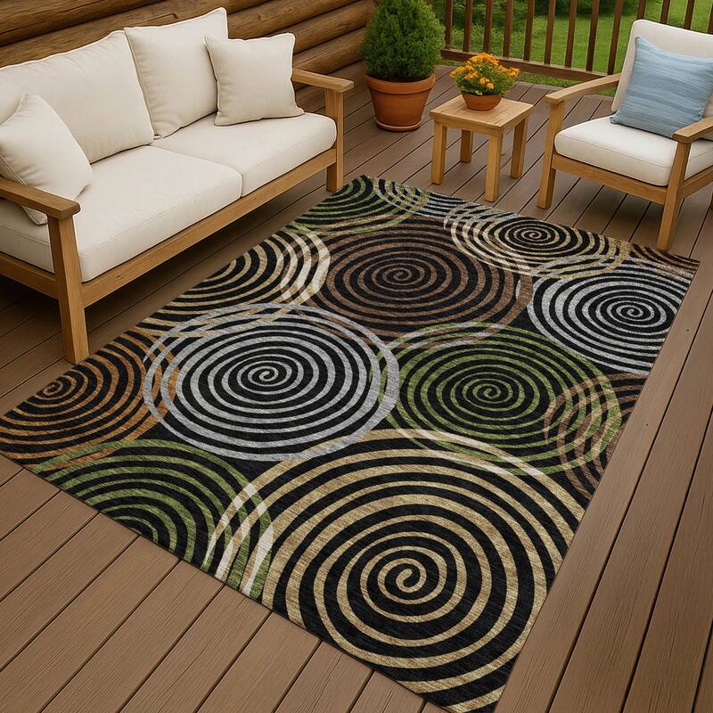 Machine Washable Indoor/ Outdoor Contemporary Swirls Chantille Rug - Black - 3' x 5'