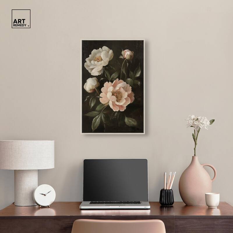 White Peonies in Dark II Canvas by Art Remedy
