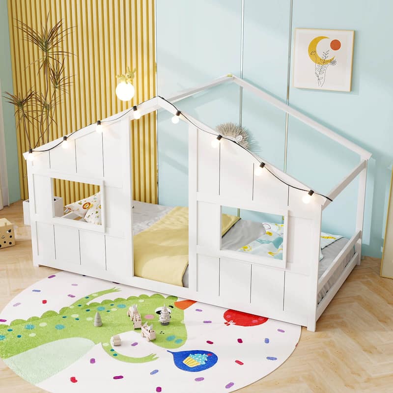 Costway Twin Size House Floor Bed with LED Lights Solid Wood Bed Frame