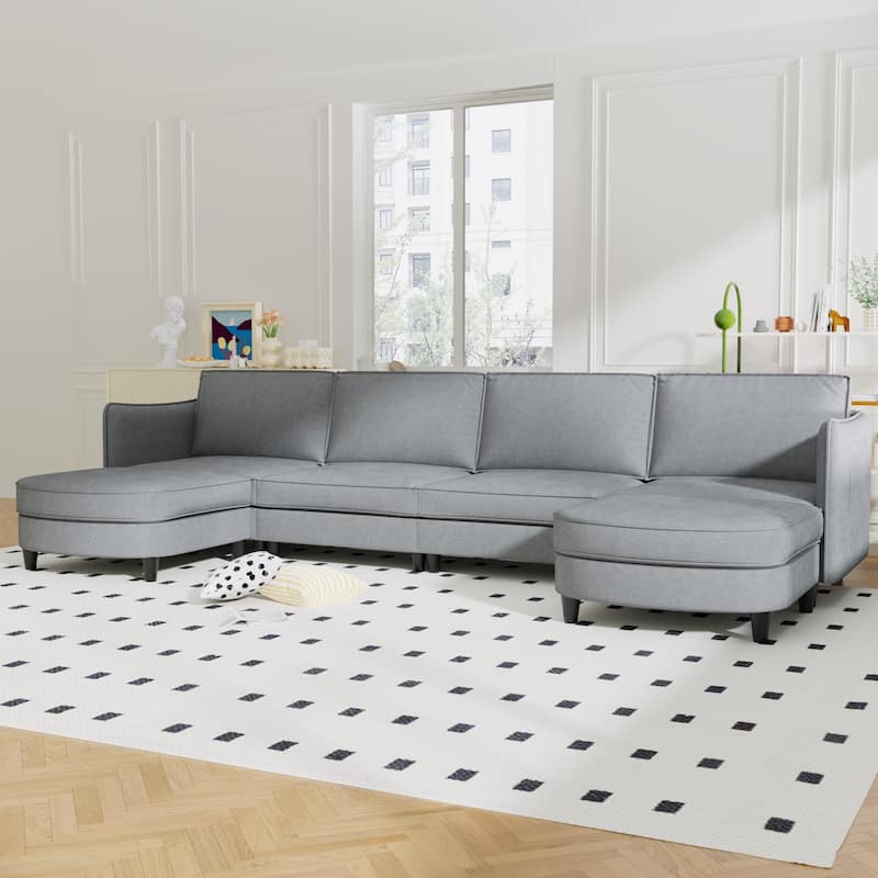141.5'' 6 Seater U-Shaped Sofa with Ottoman and Arm Pockets, Gray Fabric