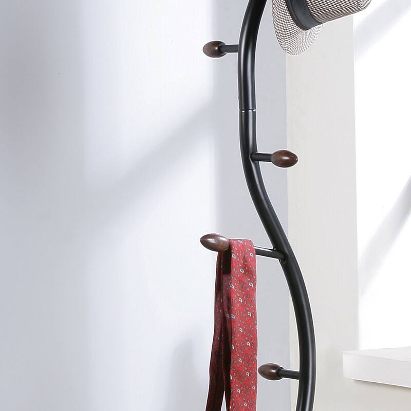 Modern Metal Black and Walnut Standing Coat Rack for Home Entryway Organization & Storage