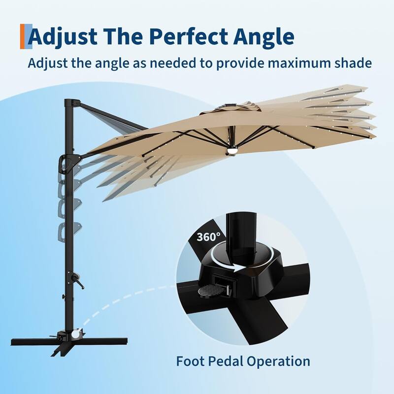 10FT Cantilever Patio Umbrella with Solar Lights, 360° Rotation Offset Umbrella