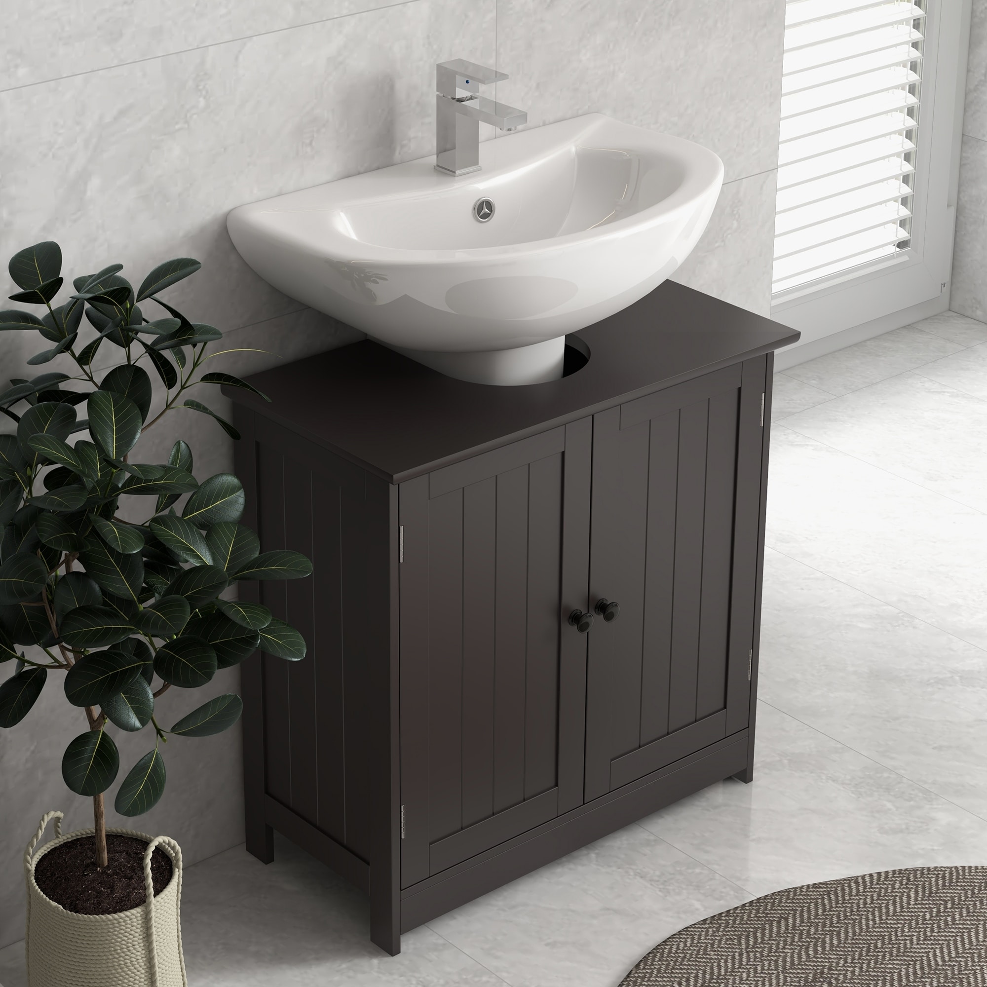 Farmhouse Vanity Cabinet Under Sink Bathroom, Pedestal Vanity Storage Cabinet With Double Doors And Storage Shelves, Bathroom Organizer, White