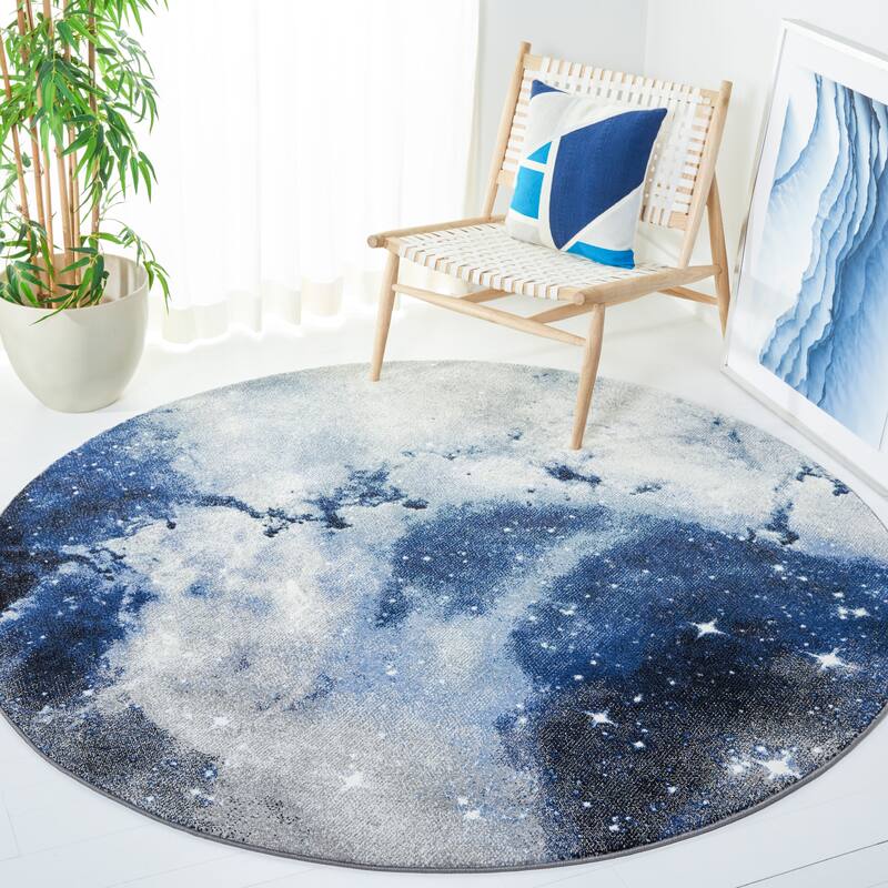 SAFAVIEH Galaxy Ljiljana Modern Abstract Celestial Rug - 6'7" Round - Blue/Ivory