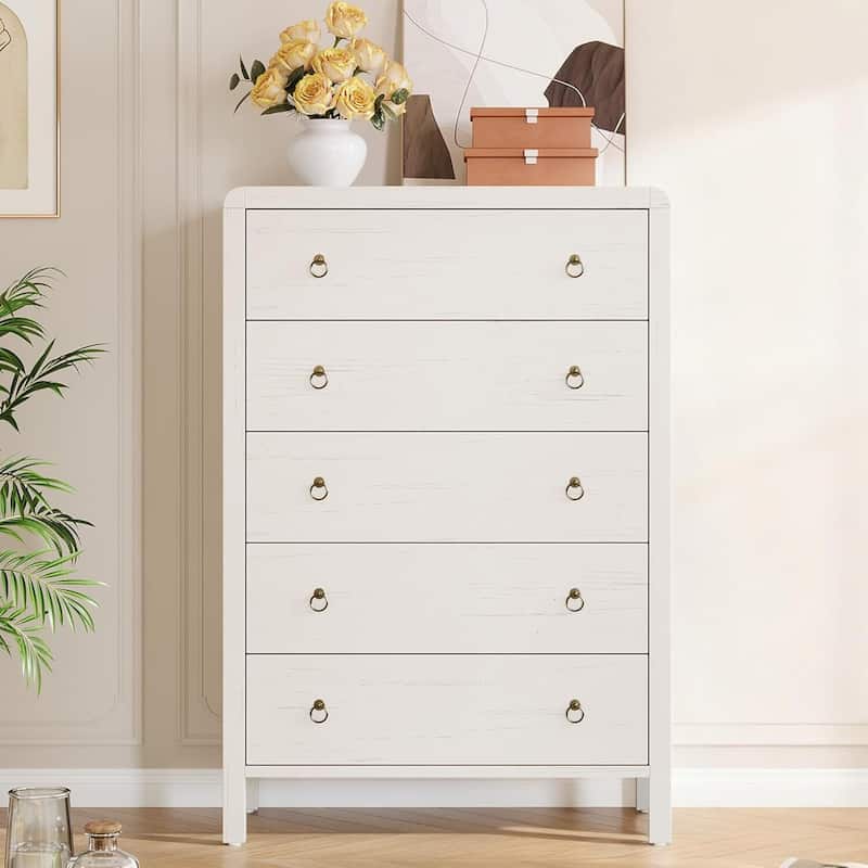 Modern 5 Drawer Dresser with Large Drawers for Bedroom, Living Room - White