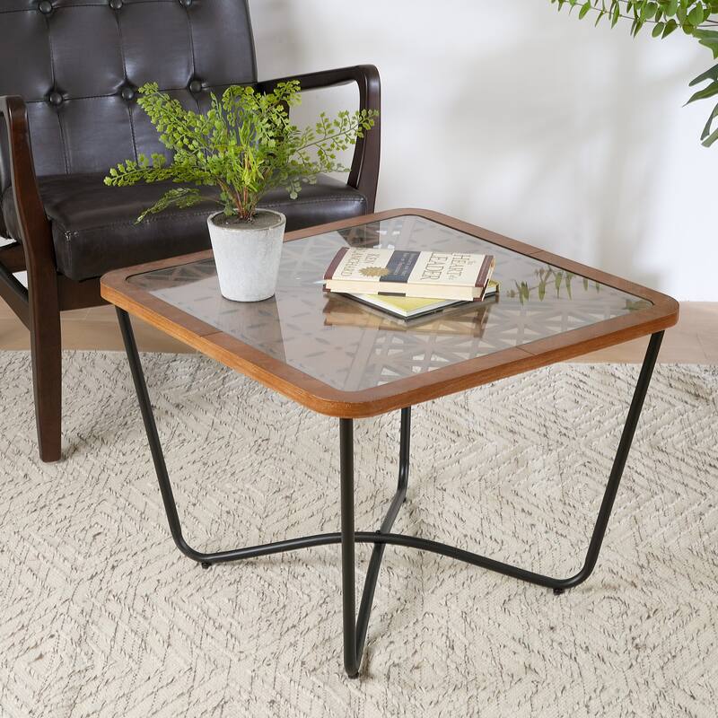 Roomfitters Small Coffee Table with Glass Inset and Wood Frame, Mid-Century Living Room Side Table, Walnut - Walnut
