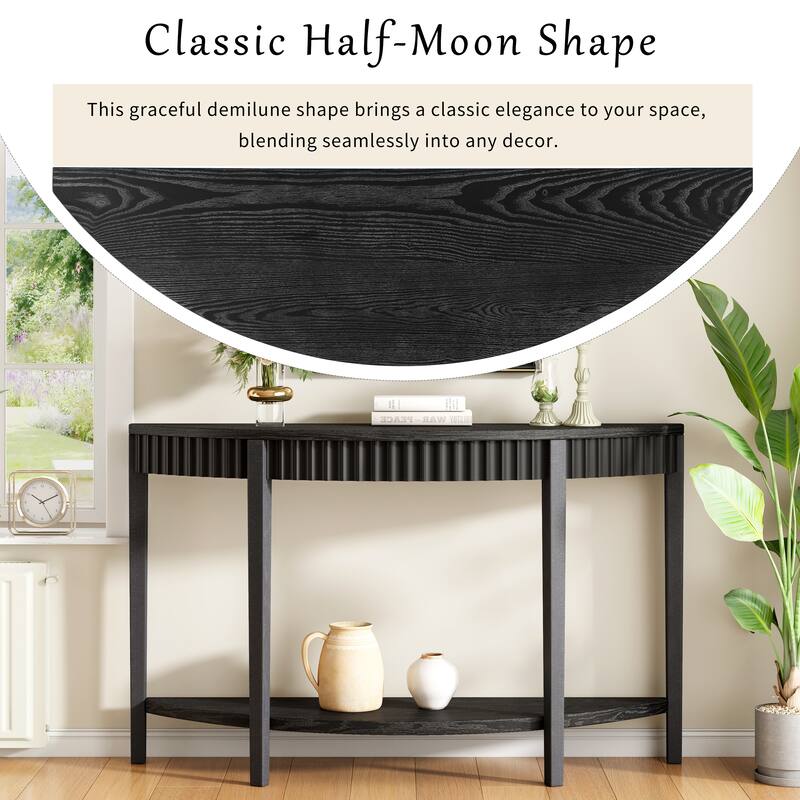 Half Moon Curved Console Table 55.1-Inch Wooden Entry Sofa Table Accent Table with Open Shelf for Living Room, Entryway