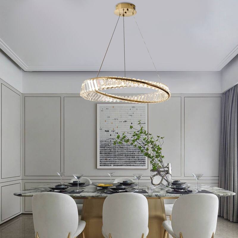 Modern LED Ring Crystal Chandelier Adjustable Hanging Pendant Lighting - 23.6"W