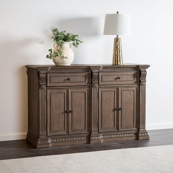 slide 2 of 9, Furniture of America Cassian Traditional Weathered Oak Solid Wood Dining Server Cabinet Weathered Oak