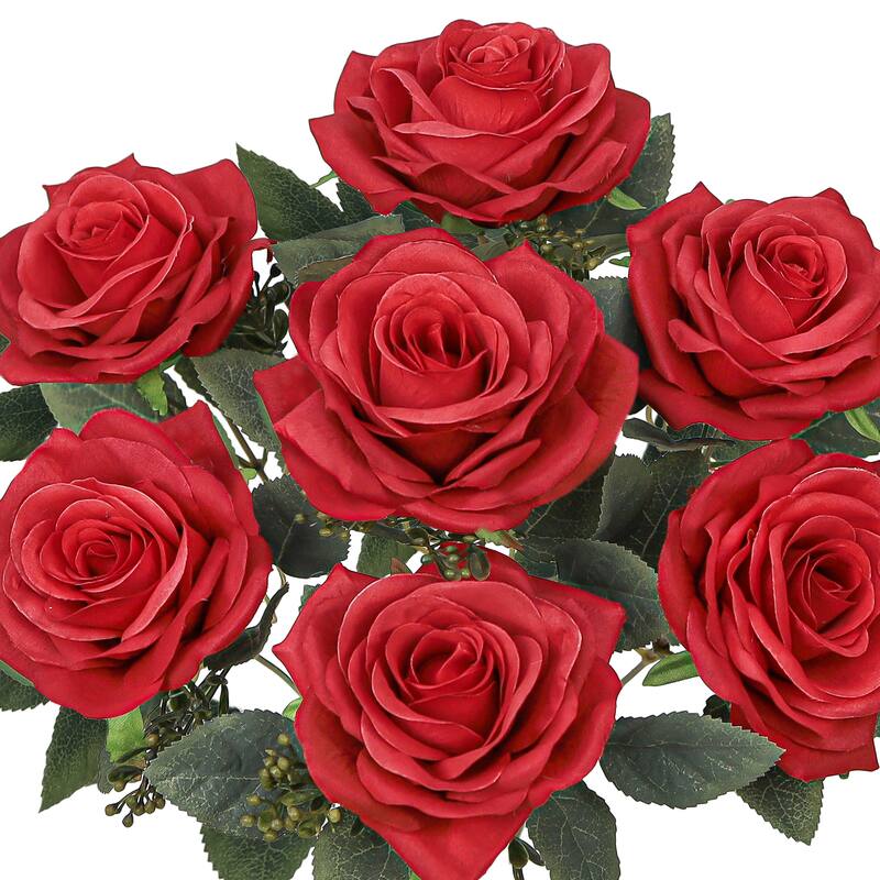 Set of 2 Red Artificial Queen Tea Rose Flower Stem Bush Bouquet 17in - 17" L x 9" W x 9" DP