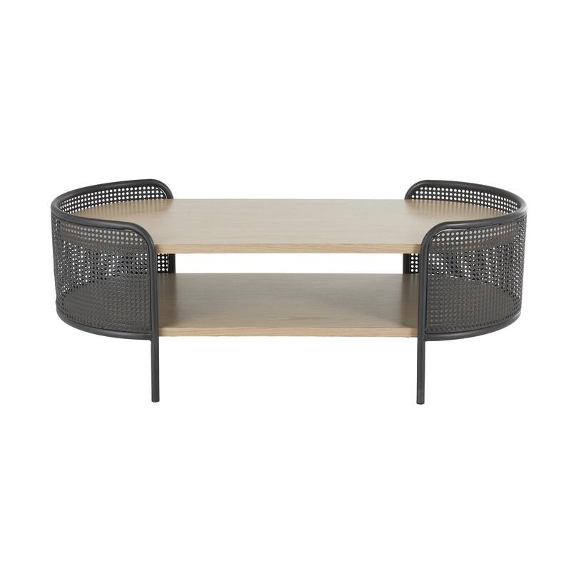 Light Brown Wooden Oval Two-Toned 1 Shelf Living Room Coffee Table with Mesh Side Panels and Brown Wood Tabletop