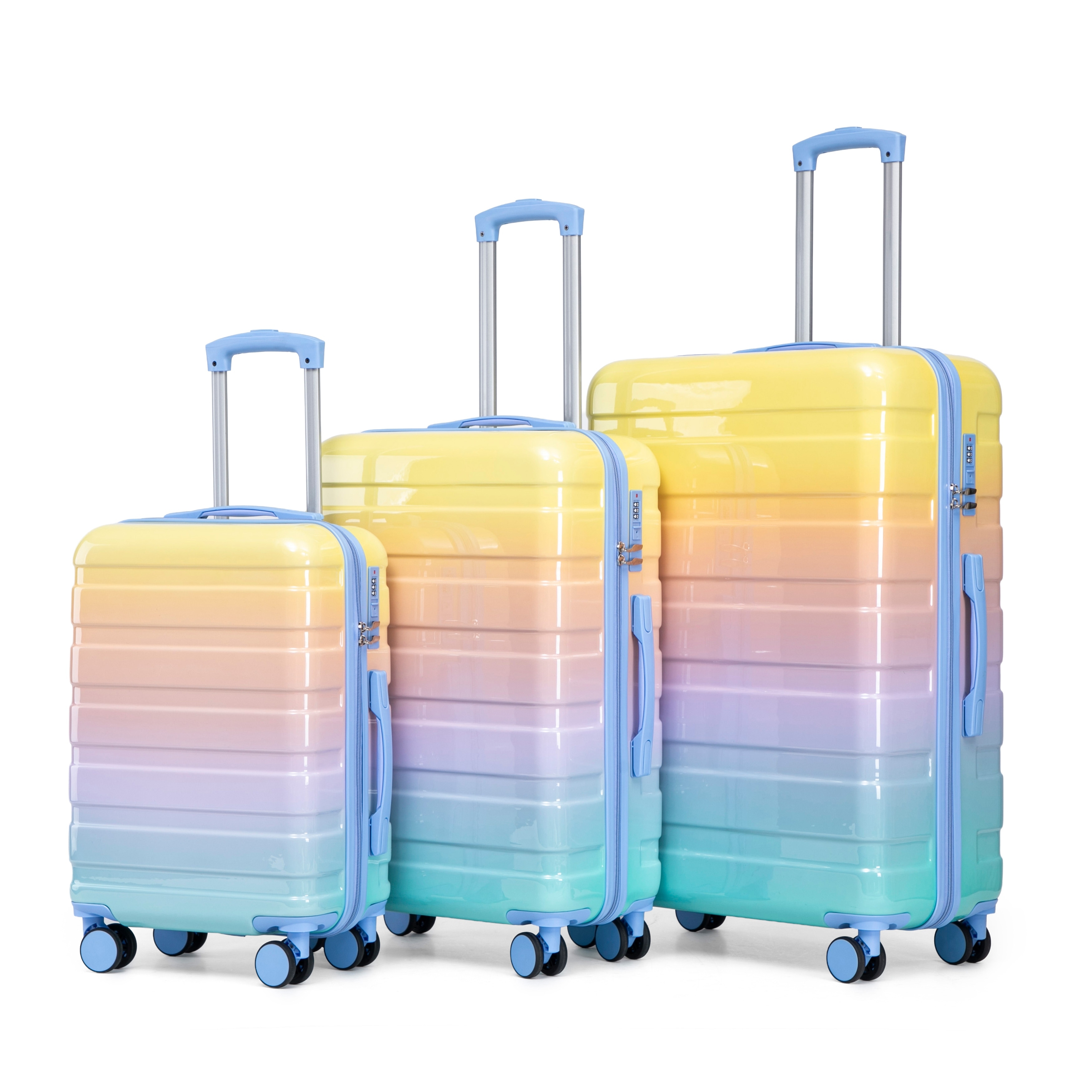 20"/24"/28" 3 pcs/set in PC Spinner Wheel Luggage, Carry on Suitcase, With Gradient Color and Combination Lock(Blue+Yellow)