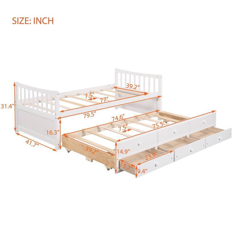 Daybed with Trundle and 3 Drawers, Solid Wood Twin/Full Daybed with Storage, Space-Saving Guest Bed