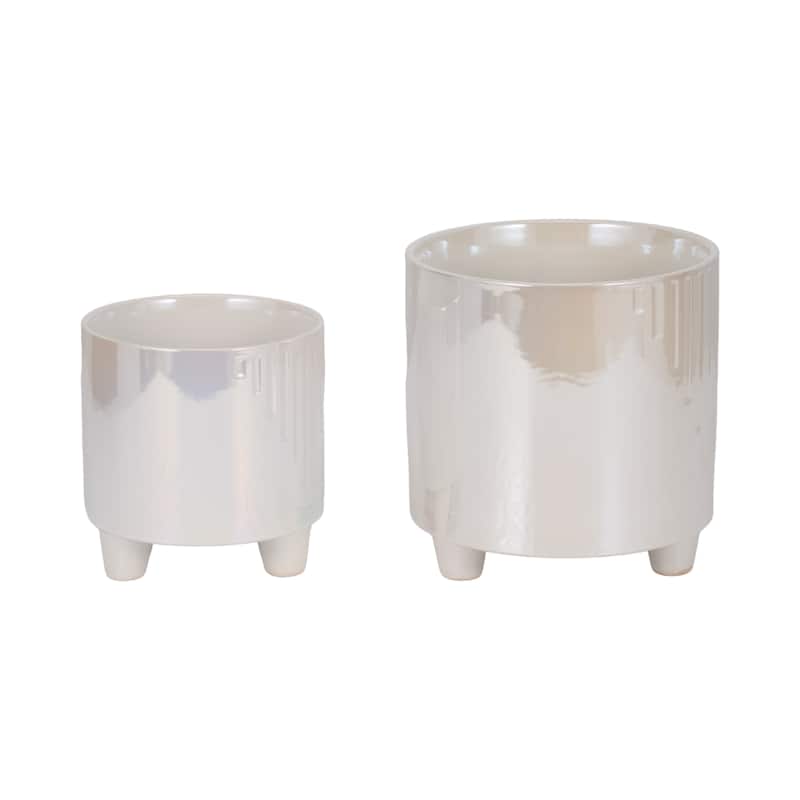 Sagebrook Home's Ceramic Iridescent Line Footed Planters, Ivory, Set of 2 - 8" x 8" x 8"