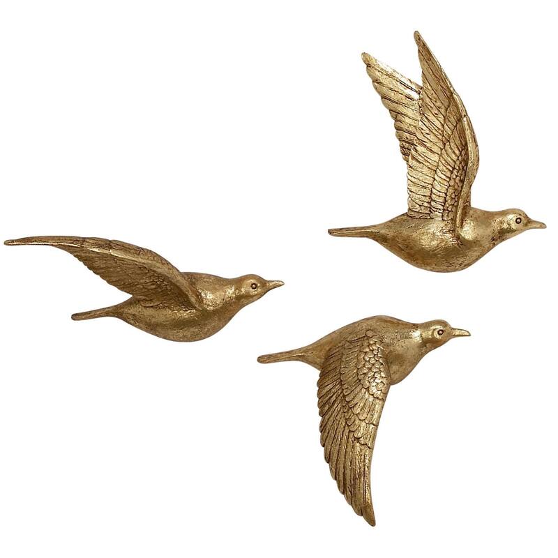 Polystone Bird Distressed 3D Floating Home Wall Decor - Set of 3 Dark Brown, Silver, Gold - Roche River Decor - Gold - 10",10",10"H