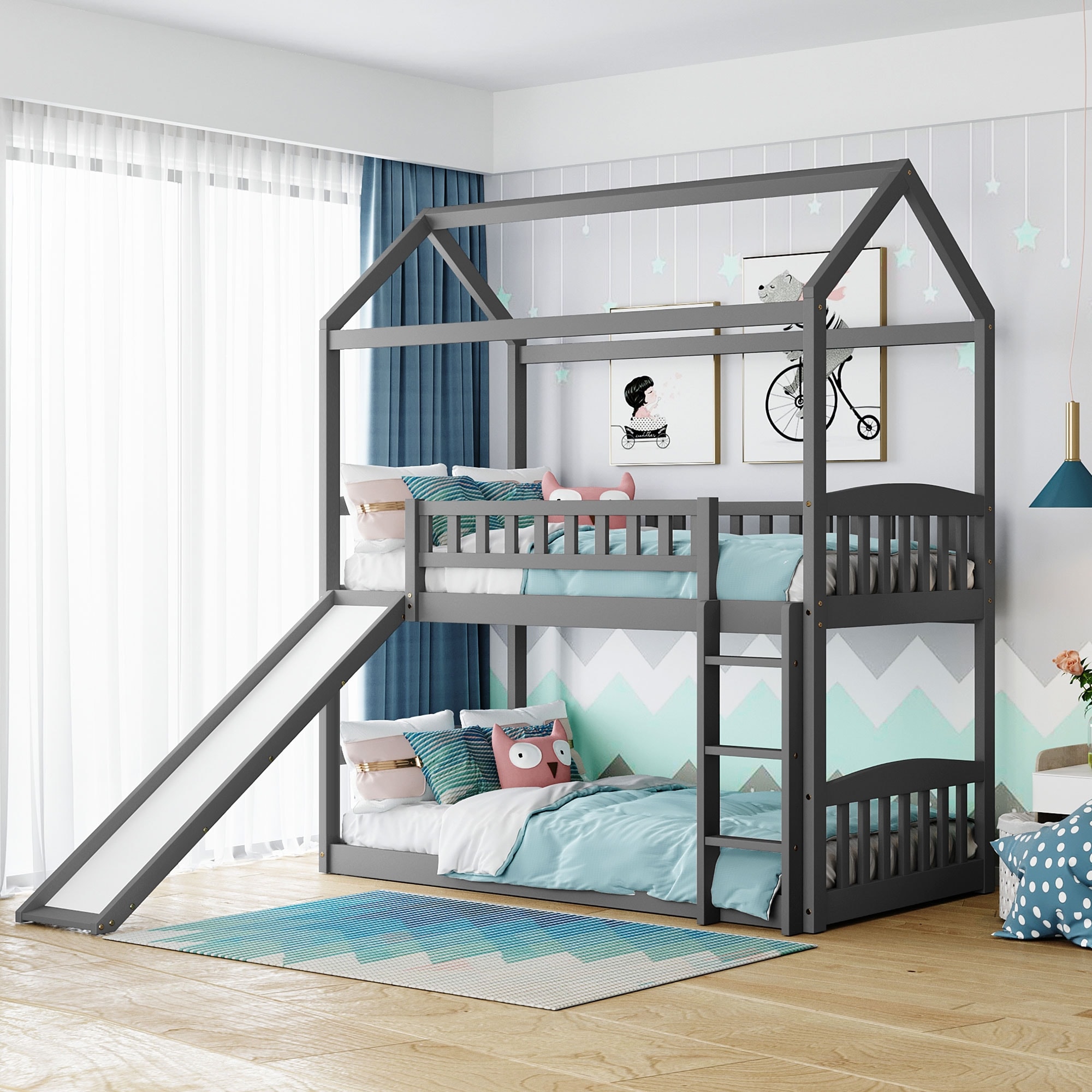 Modern Roof Design Twin over Twin Solid Pine Wood Bunk Bed with Full Length Guardrail, Side Ladder and Slide