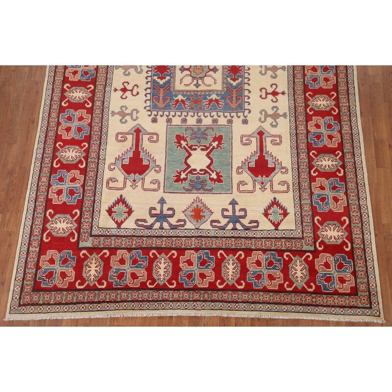 Hand Knotted Oriental 100% Wool Carpet Traditional Geometric Beige & Ivories Kazak Area Rug - 9' 8'' X 6' 6''