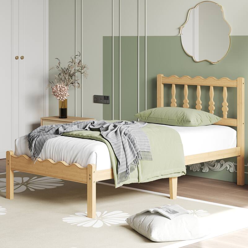 Solid Bamboo Bed Frame with Headboard, Heavy Duty Metal Slat Support, Easy Assembly