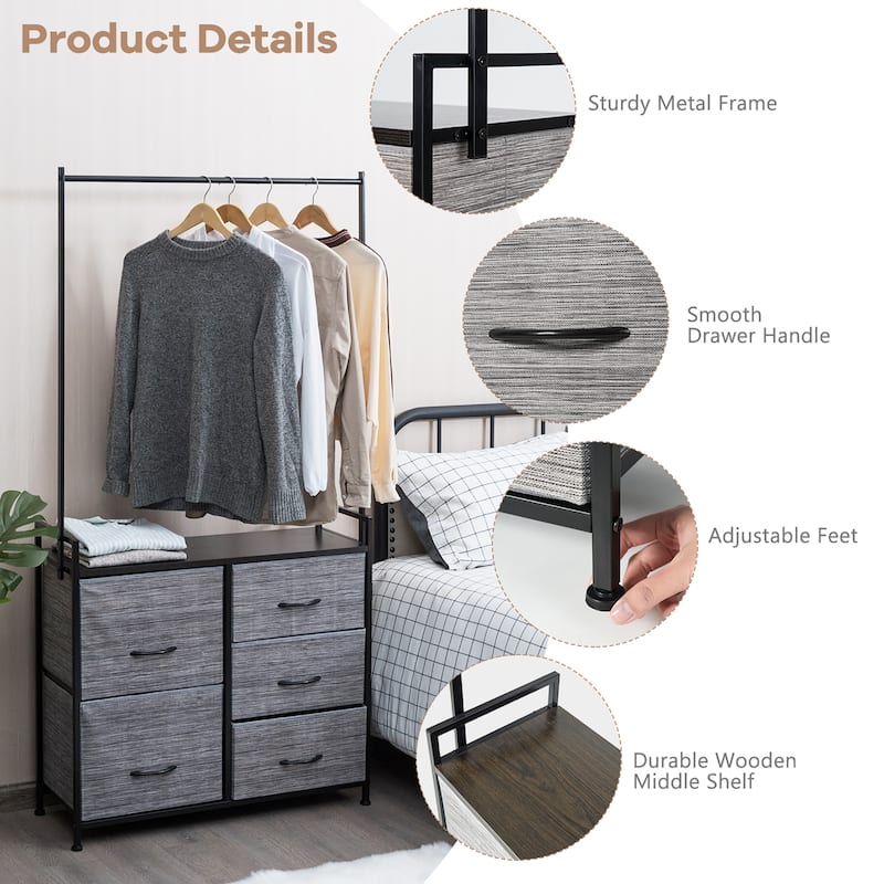 Modern Closet Organizer Fabric Dresser Hanger with 5 Fabric Drawer