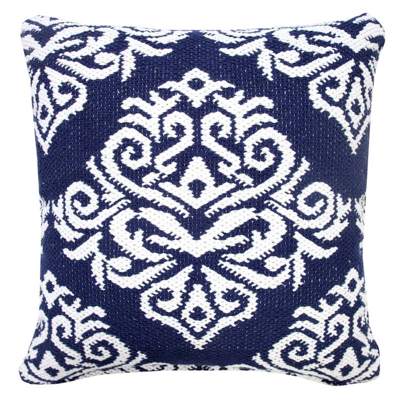 20" Blue and White Damask Pattern Square Throw Pillow
