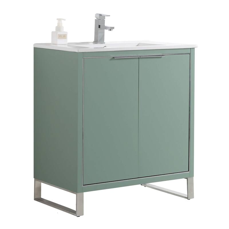 Fine Fixtures Opulence Collection Bathroom Vanity with White Ceramic Sink - 30 Inch - Mint Green - Chrome Hardware