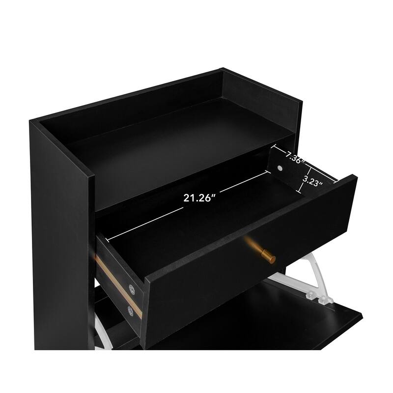 Entryway Shoe Storage Cabinet, Freestanding Rattan Shoe Rack, Shoe Organizer with 2 Flip Drawers & 1 Pull-Out drawer