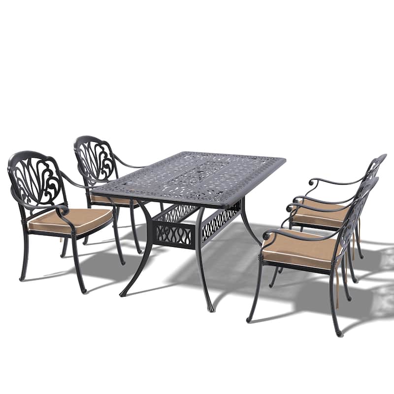5/7-Piece Cast Aluminum Outdoor Dining Set with 58.27'' L X 34.65'' W Rectangular Table and Seat Cushions