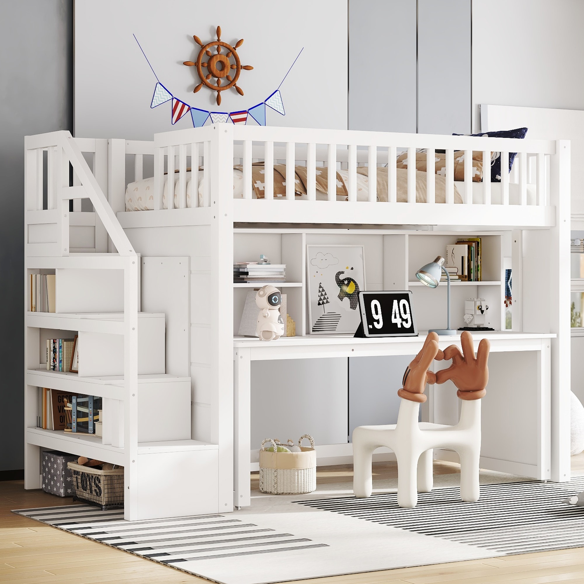 Twin Size Loft Bed With Movable Desk And Storage Shelf, Featuring Storage Stairs