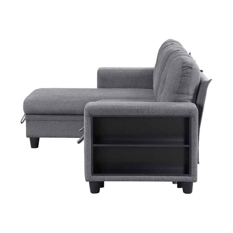 Hazel Boucle Sectional Sofa - Reversible Chaise, Pull-out Bed, Shelves