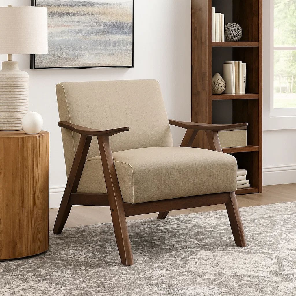 Fabric Upholstered Accent Chair with Curved Armrests, Light Brown