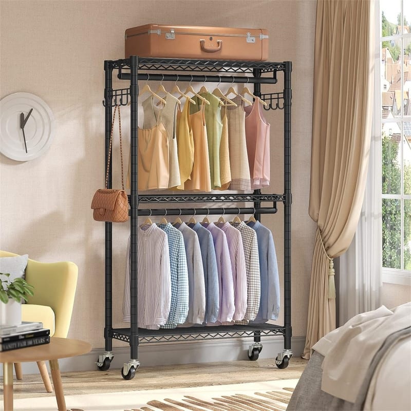 Rolling Clothes Rack Heavy Duty Clothing Rack for Hanging Clothes - 16.5"D x 29.5"W x 76.8"H
