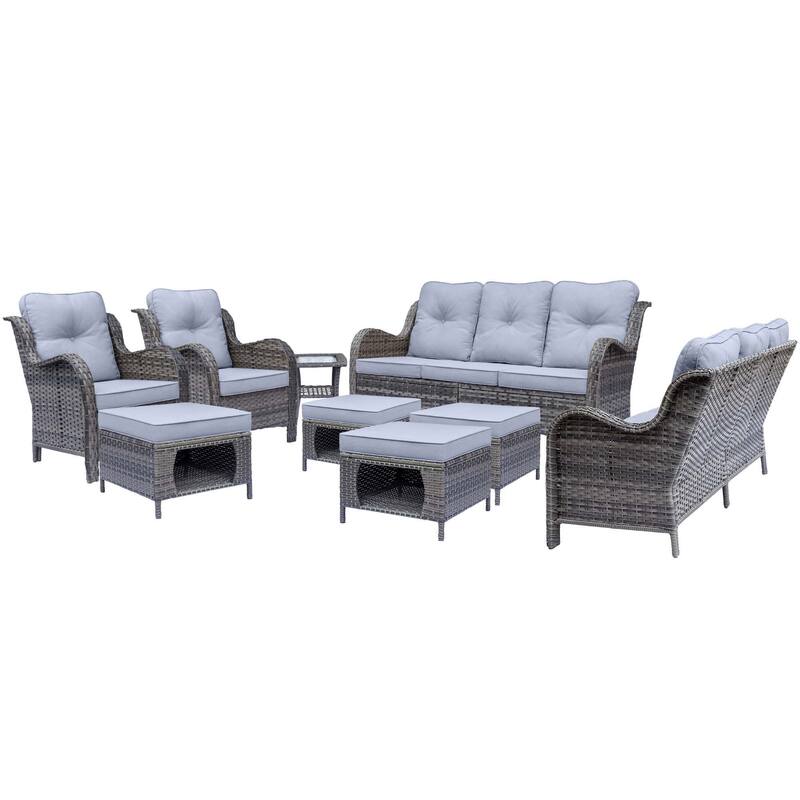 High Back Gray Wicker Outdoor Patio Furniture Sofa Seating Set with Cushions