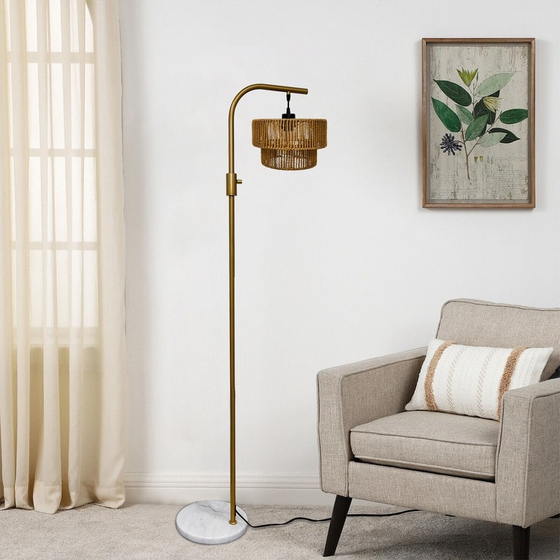 Elegant Boho Arc Floor Lamp Dimmable with Wicker Shade & Marble Base