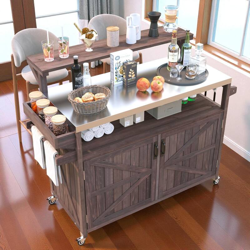 53" Outdoor Kitchen Island with Stainless Steel Top, Raised Shelf, Solid Wood Grill Cart with Storage Cabinet - Brown