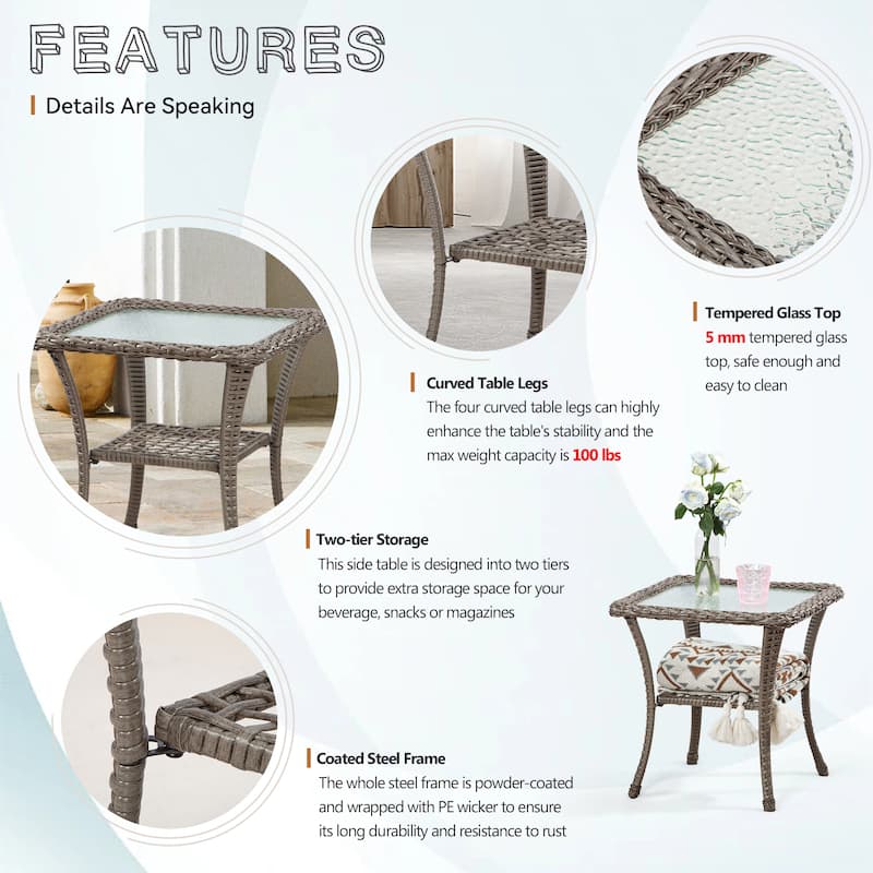 Cozywor Brown Wicker Outdoor Patio Side Table Square Coffee Table