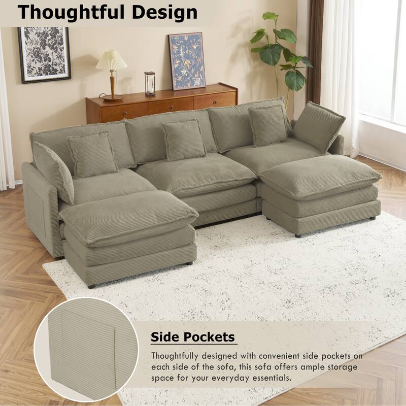 Modular Sofa Couch, Upholstered Corduroy L-Shape Sectional Sofa with Side Storage Pockets and Movable Ottoman