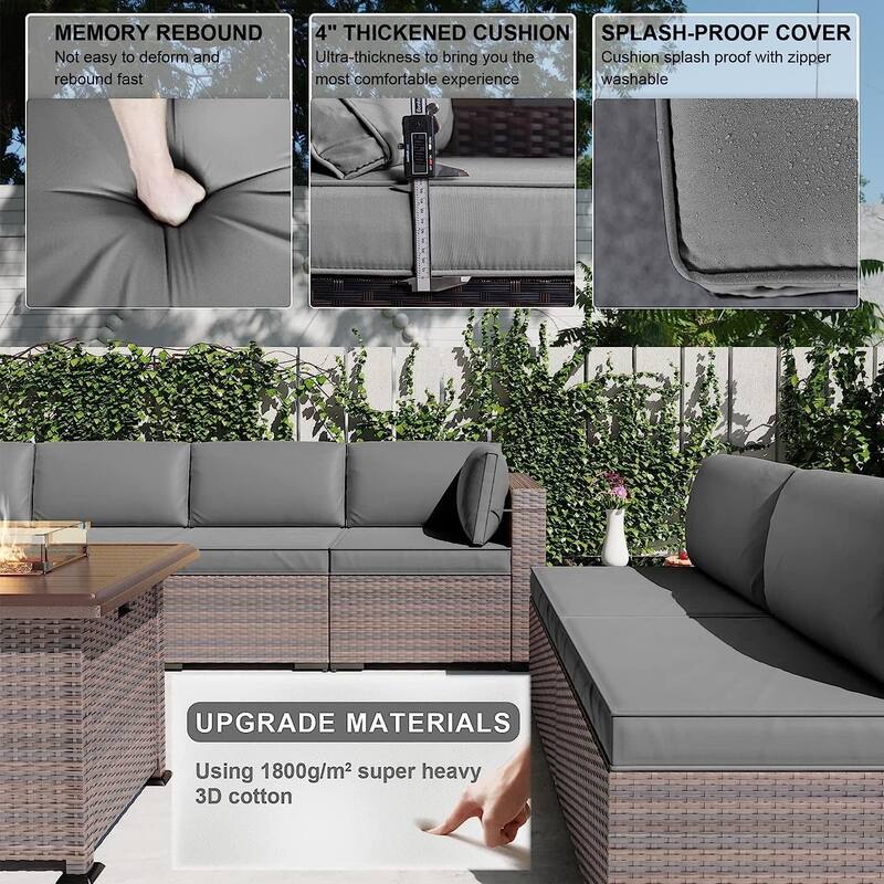 Patio Furniture Sets, Outdoor Wicker Sectional with Firepit Table Side Table for Cabinet Deck Balcony - 13-Pieces