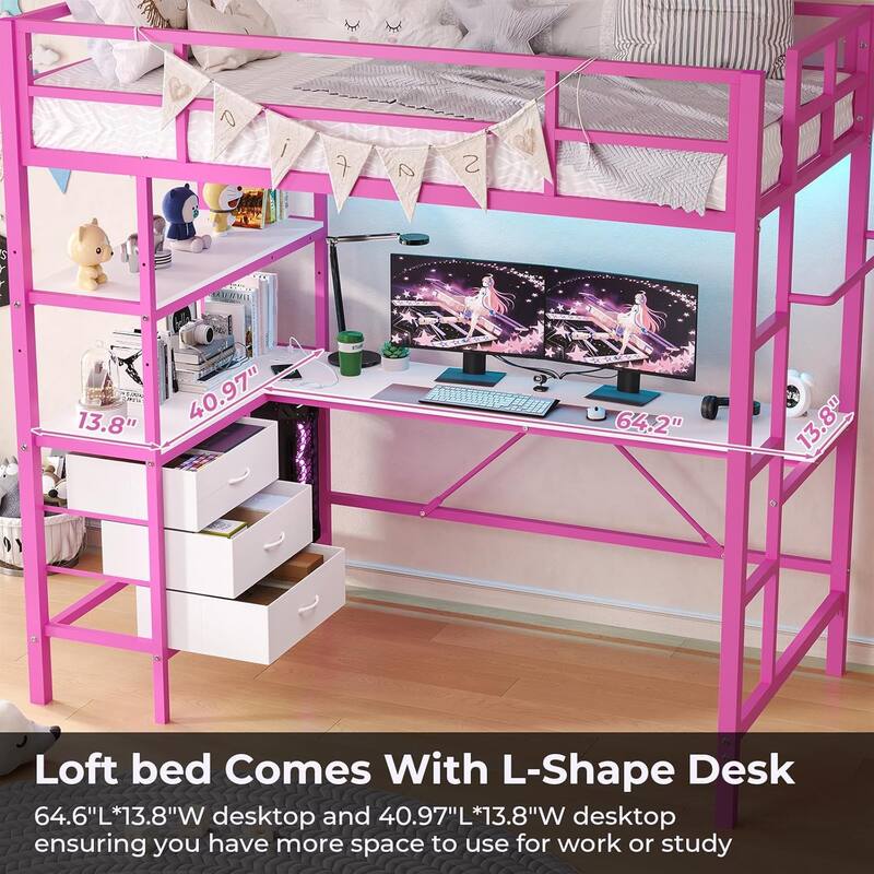 Loft Bed with L-Shaped Desk Charging Station Metal LED Lights 3 Fabric Drawers