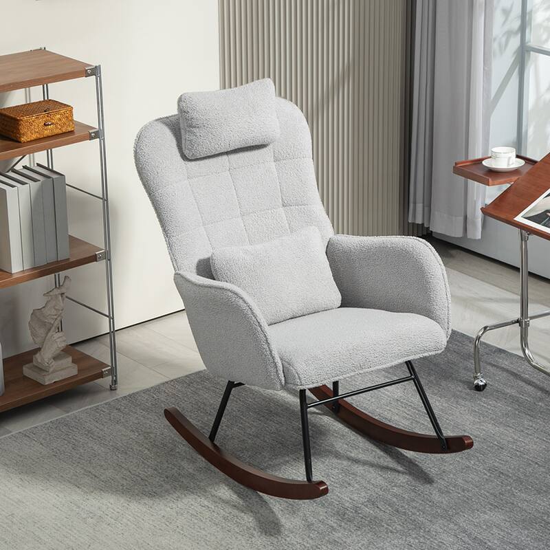 Modern Upholstered Rocking Nursery Glider Chair with High Backrest, Headrest and Lumbar Pillow for Living Room or Bedroom - Light Gray