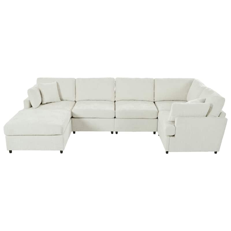127 Inch U-Shaped Sectional Sofa with Movable Ottoman, 6-Piece Chenille Fabric Modular Couch with Pine Wood Frame