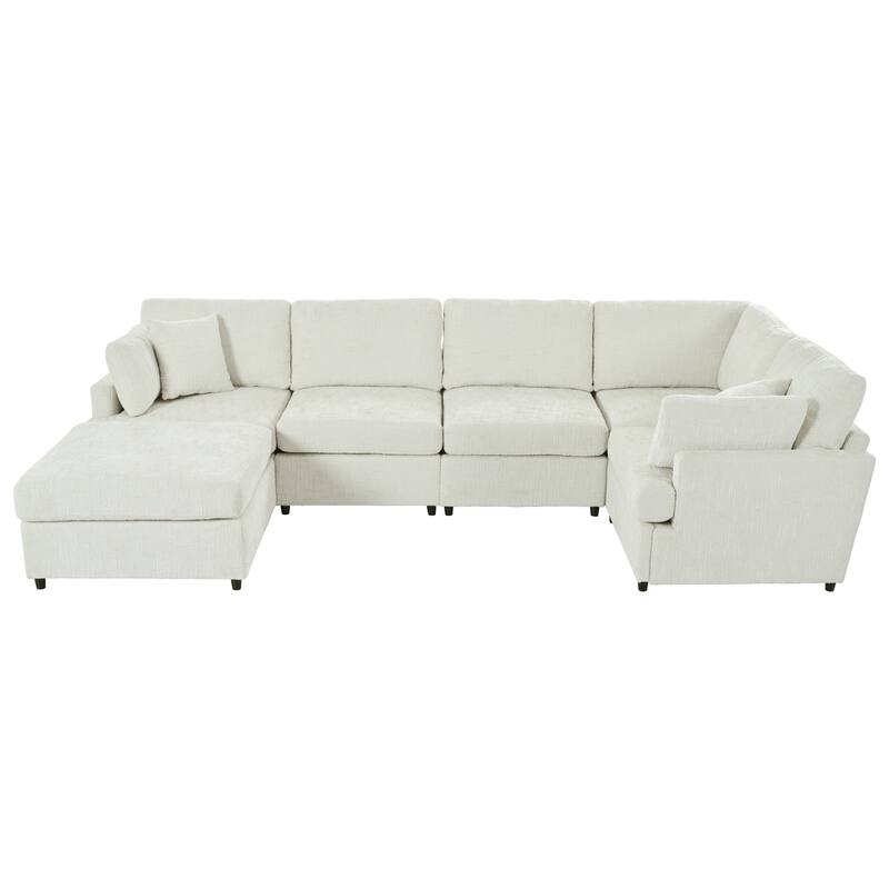 U-Shaped Sectional Sofa with Movable Ottoman, 6 Piece Chenille Sofa Set, Pine Wood Frame Convertible Modular Corner Couch