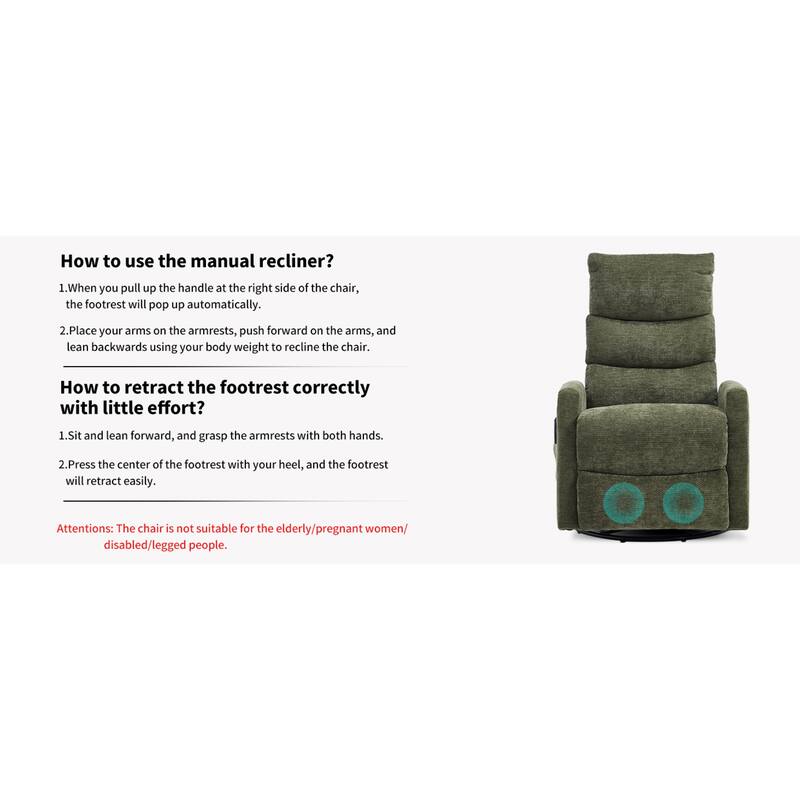 Roomfitters Manual Swivel Rocker Recliner Chair with Heat and Massage Fabric Glider Lounge Sofa for Living Room