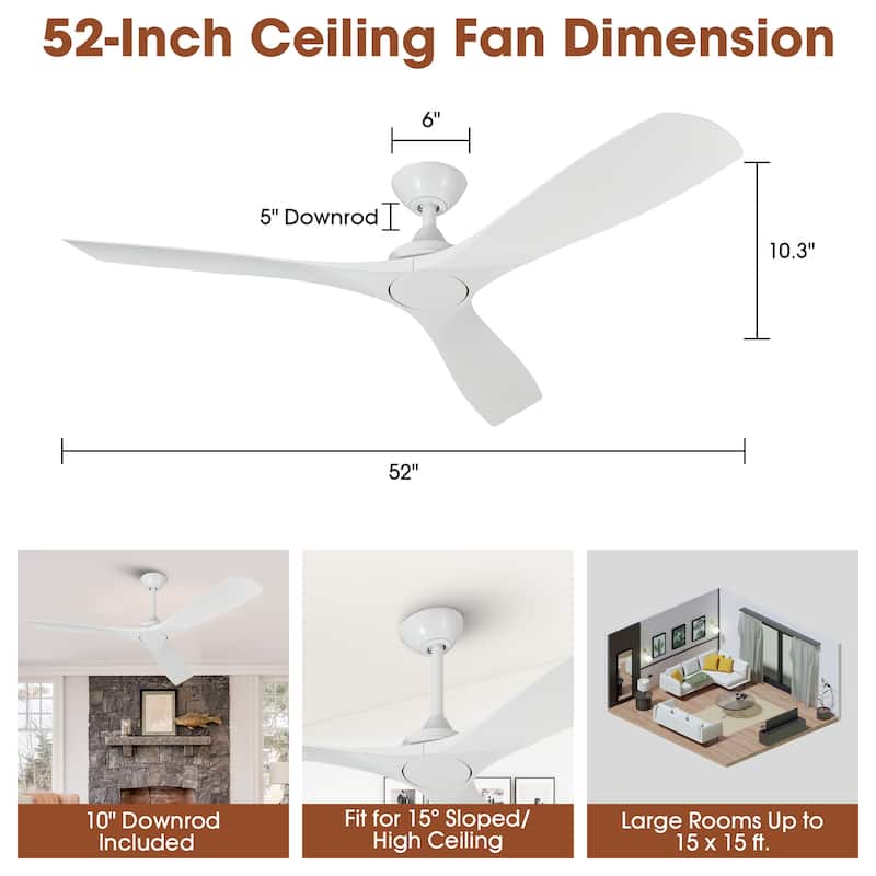 52" Matte Black/ White 3 Blades Indoor Propeller Ceiling Fan with Remote, No Lights