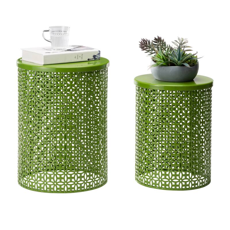 Glitzhome Set of 2 19.25"H & 16.5"H Multi-functional Metal Outdoor Table Garden Stool