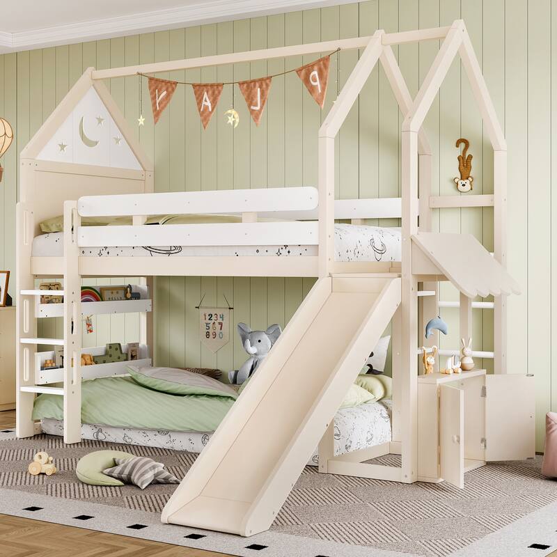 Twin Size Loft Bed with Bookshelf Playful Design for Kids House-Shaped Structure with Slide High-Quality Safety Rails - Beige