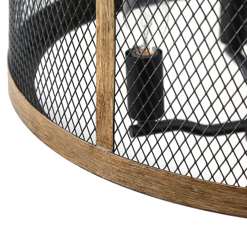 Deun Modern Farmhouse 4-Light Drum Mesh Cage Wood Grain Chandelier for Dining Room