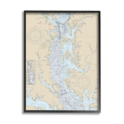 Stupell Potomac River Chesapeake Bay Coastal Map Beige Blue Framed Wall Art