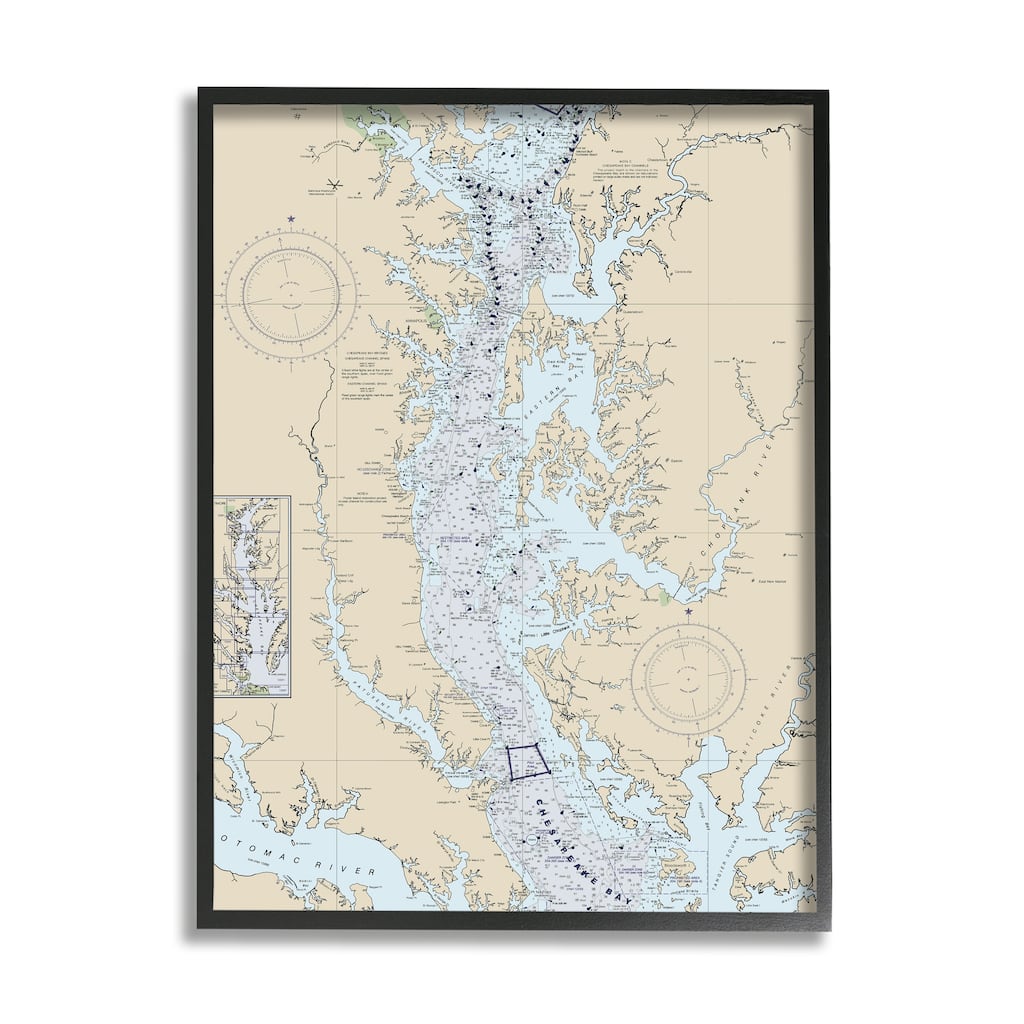 Stupell Potomac River Chesapeake Bay Coastal Map Beige Blue Framed Wall Art