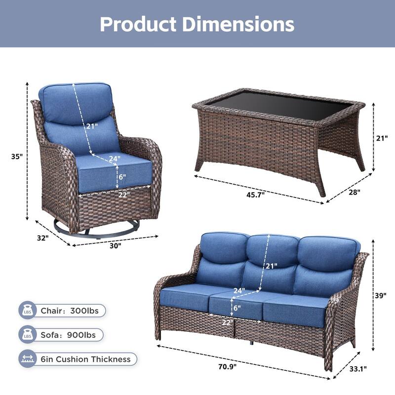 Arcadia 4-Piece Wicker Outdoor Patio Conversation Set with Swivel Gliders and 6-Inch Thick Olefin Cushions