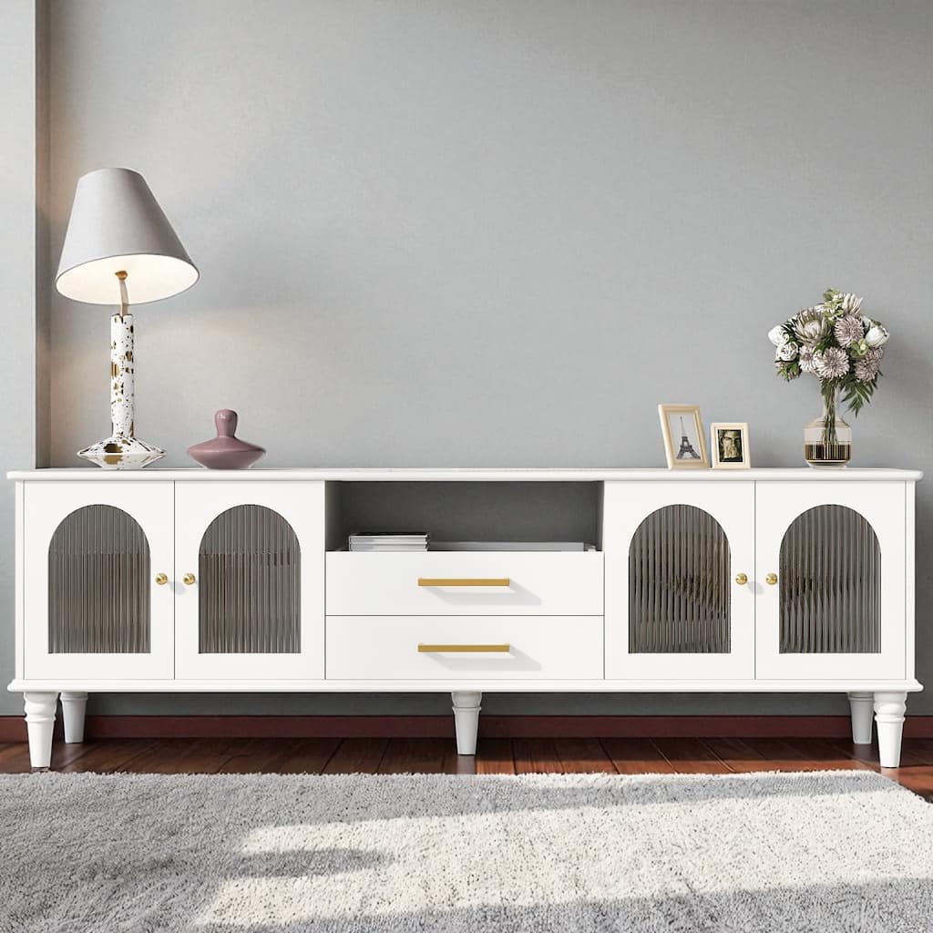68.9" Retro TV Stand for TVs up to 75", Media Console with Fluted Glass Doors, 2 Drawers, Cabinets & Solid Wood Legs